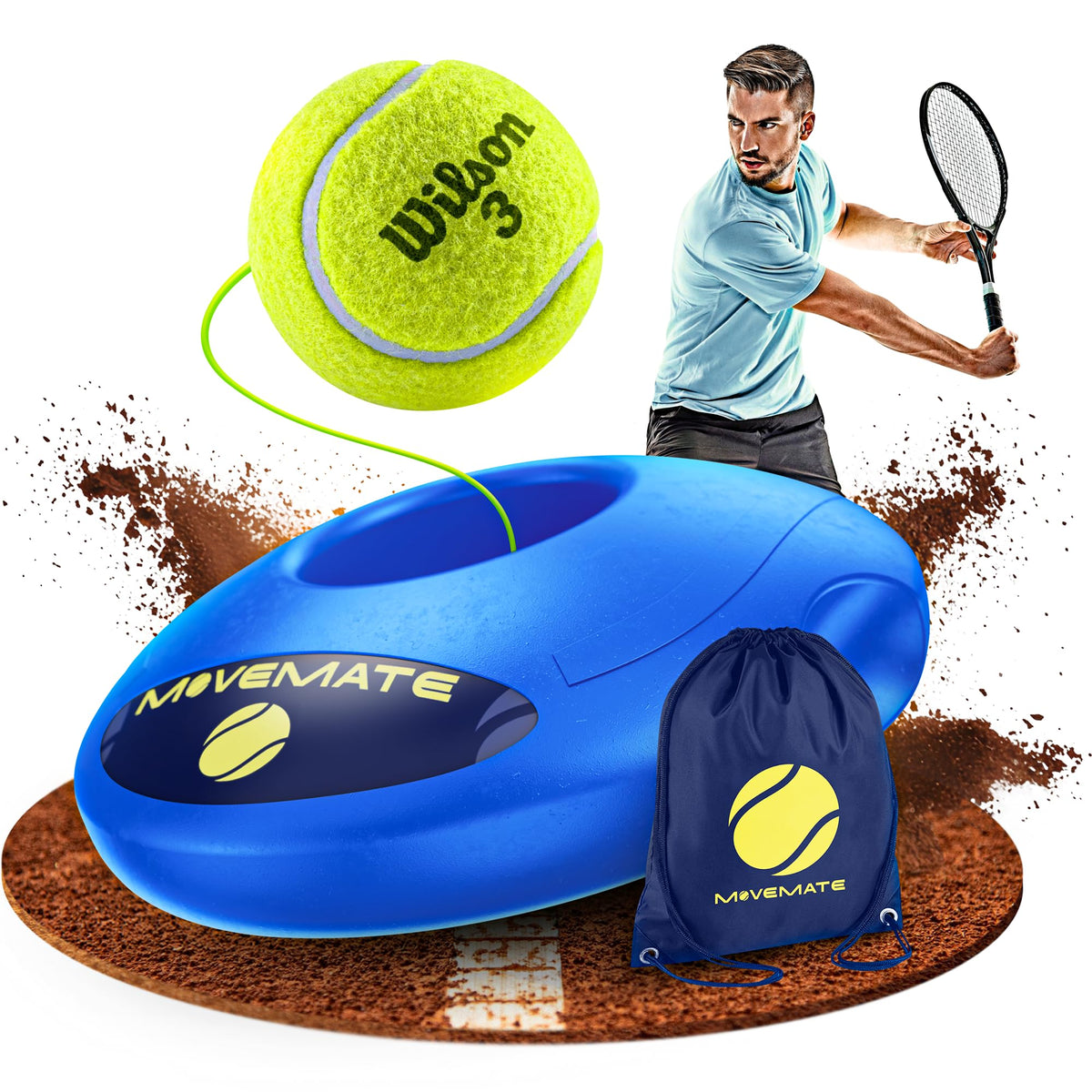 MOVEMATE Tennis-Trainer Set with Wilson® Tennis Ball | Innovative Ball Game for Outdoors, in The Garden, in The Park for Children & Adults | Incl. Transport Bag & Exercise Videos