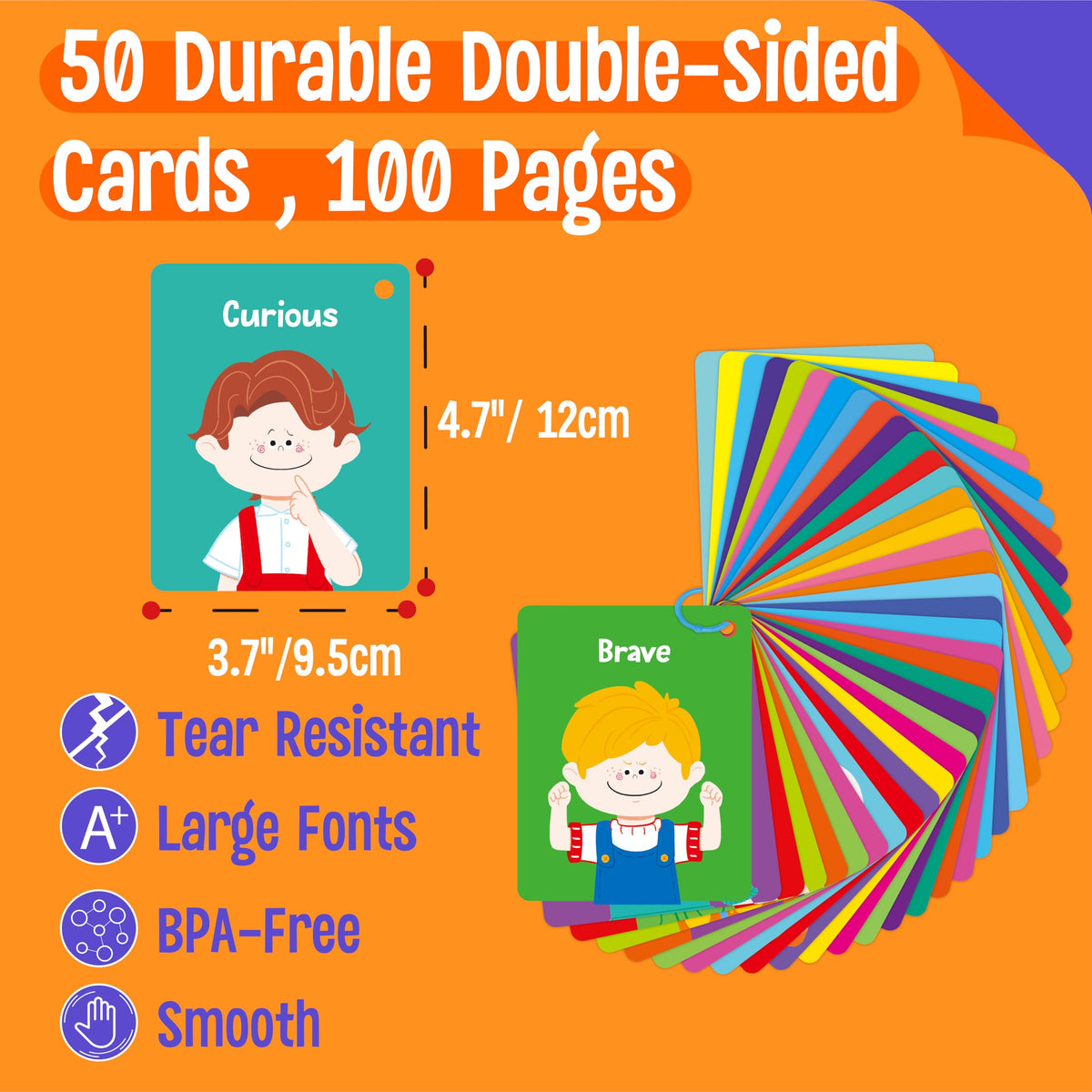 Emotions Flashcards, 50 Different Feelings with Coping Skills-Learn to Identify Various Moods, Cartoon Faces Emotions for Kids with Autism, ADHD -Emotion Flipbook for Therapy, Home Use
