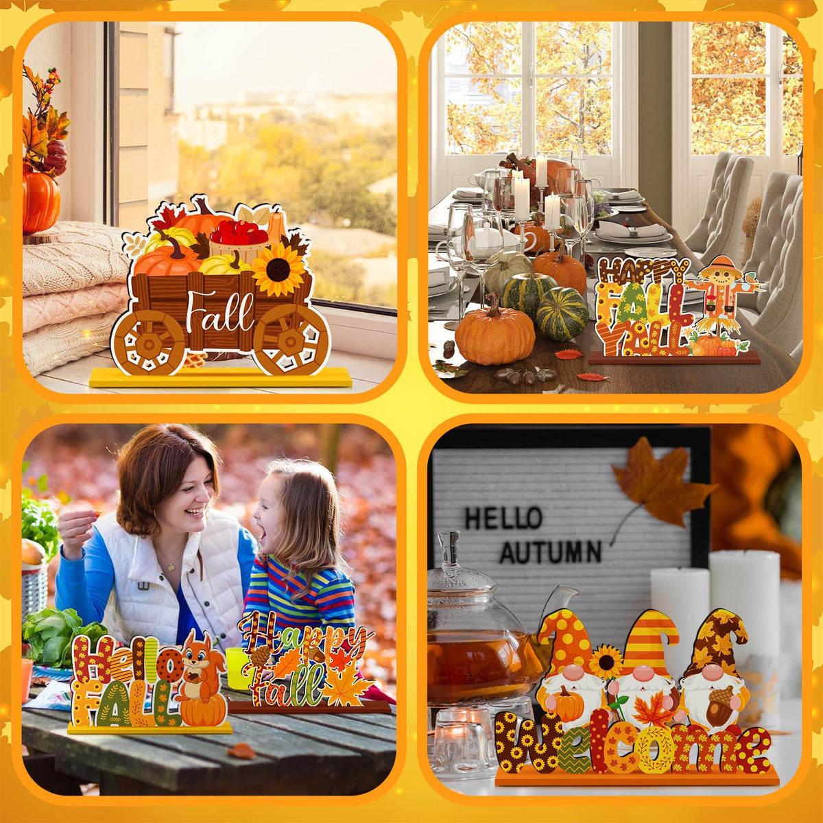 CroBlissful 6 Pcs Thanksgiving Decorations for Home Fall Table Centerpiece Hello Autumn Wooden Table Sign Pumpkin Gnome Truck Wood Tabletop Decor Harvest Party Decorations, 6 Styles