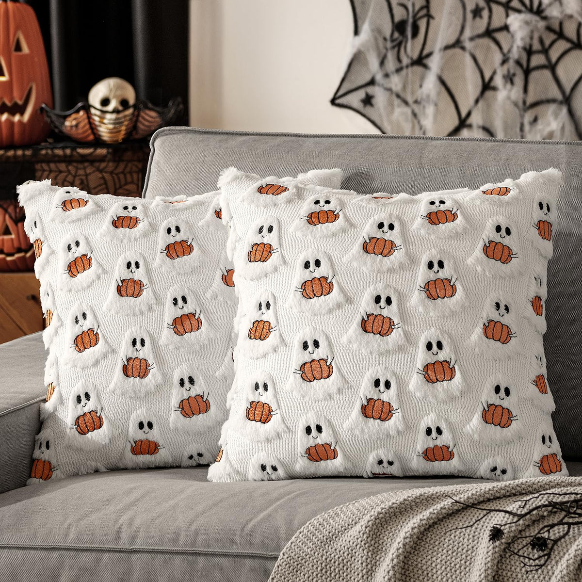 MIULEE Halloween Pillow Covers Decorative Fall Cute Ghost Plush Faux Fur Pillows 20x20 Inch Set of 2 Soft Pumpkin Accents for Sofa Couch Bed Living Room Festive Home Decor, White Rust