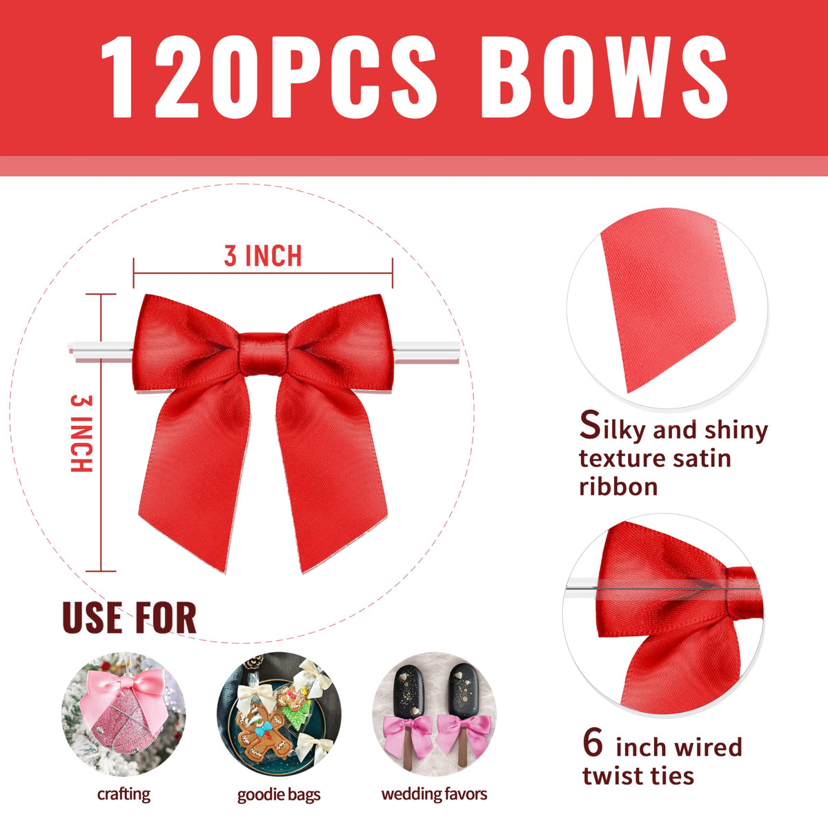 RainbowPana 120 Pack Christmas Luxury Twist Tie Bows, Red 3" Satin Ribbon Pretied Bows, Premade Craft Decoration for Package Cake Pop Basket Favors Cookie Candy, Gift Wrapping Baby Shower Wedding