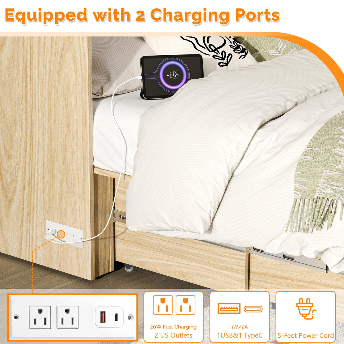 VINGLI Queen Size Rattan Murphy Bed with Storage Drawer,2 Charging Station, Boho,Hideaway Paltform Panel Bed for Small Spaces,Guest Room,Office,Apartment, Space-Saving Cabinet Bed,Oak White