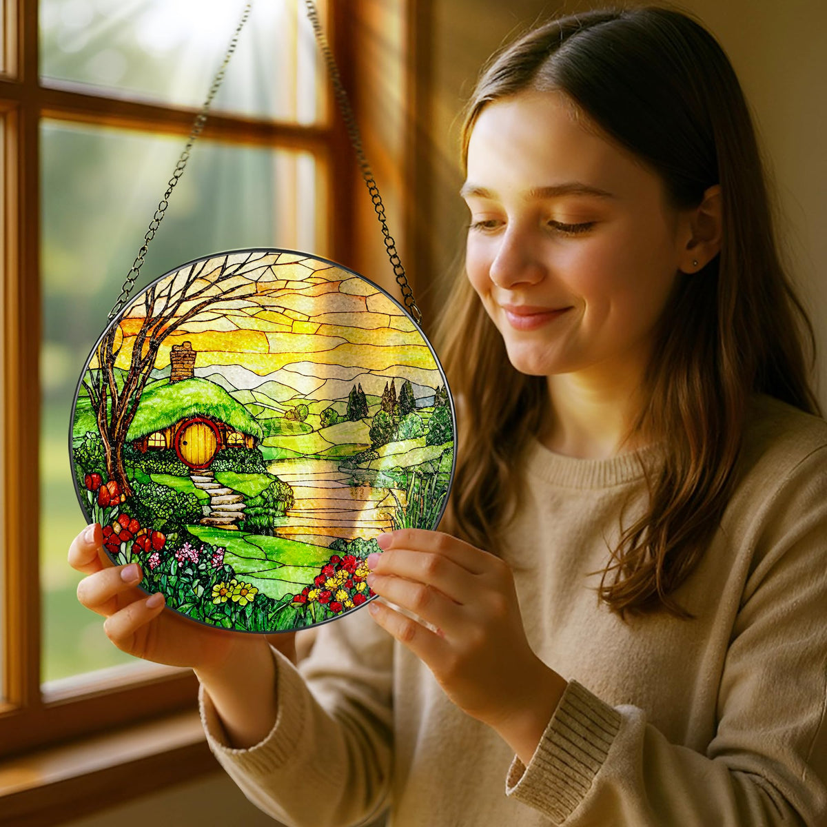 Stained Glass Window Hanging, Pauyadu 8 Inch The Shire Stained Glass Suncatcher, Window Decorations for Home, Mother's Day, Christmas, Birthday Gifts for Women, Mom, and Grandma, Nature Lovers