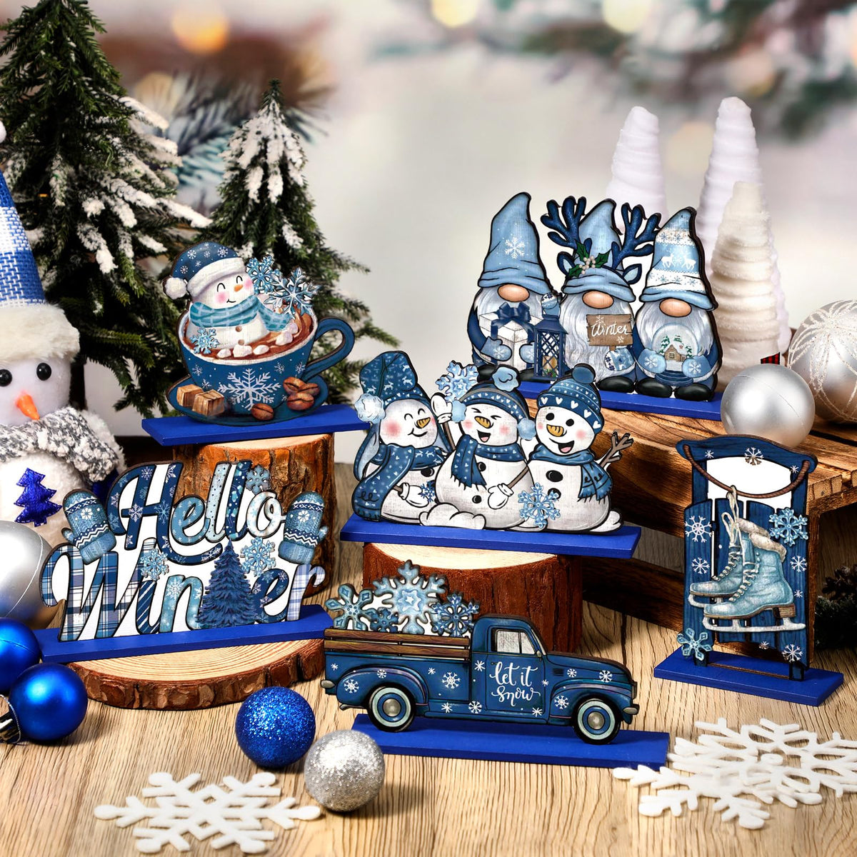 Realspring 6 Pcs Winter Wooden Table Decor Blue Winter Wood Snowman Decorative Gnome Truck Centerpieces Tiered Tray Decor for Kitchen Office Home