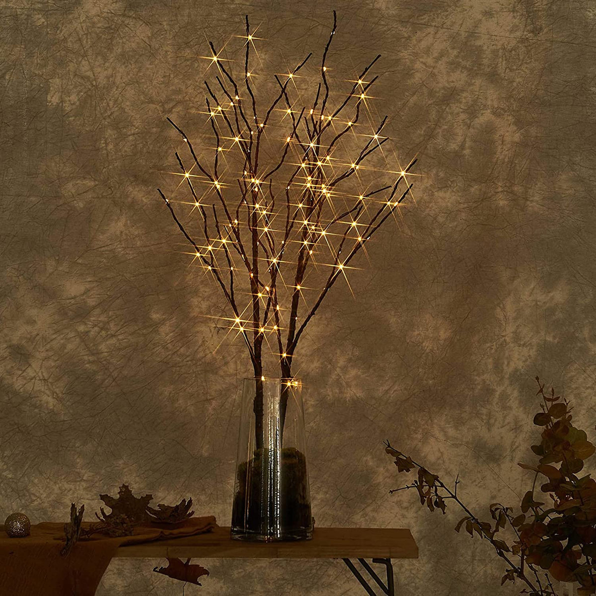 Fudios Lighted Brown Branches with Timer 32 in 100 LED for Vases Battery Operated, Artificial Willow Branch Twigs with Warm White Lights for Christmas Holiday Party Decor