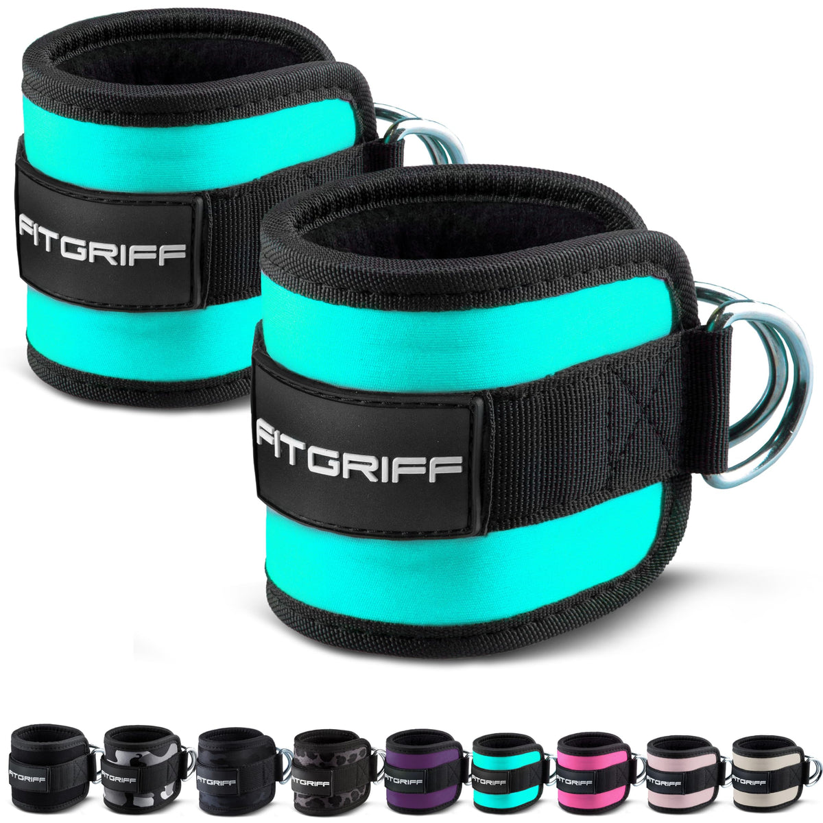 Fitgriff® Ankle Straps V1 for Cable Machine (2 Pieces) - Gym Workout Equipment - Leg Pulley Attachment, Kickback Straps (Cyan)