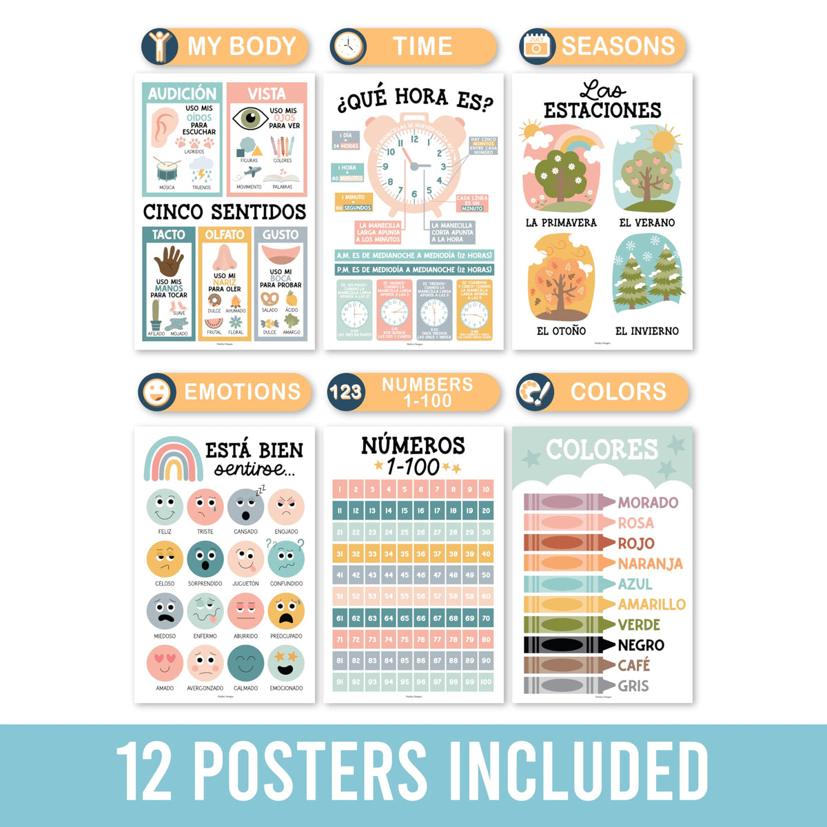Hadley Designs Spanish Posters for Classroom - 12 Bilingual Educational Posters for Spanish Classroom Decorations Must Haves, Calendario y Alfabeto en Español Para la Pared, Boho Teacher Supplies