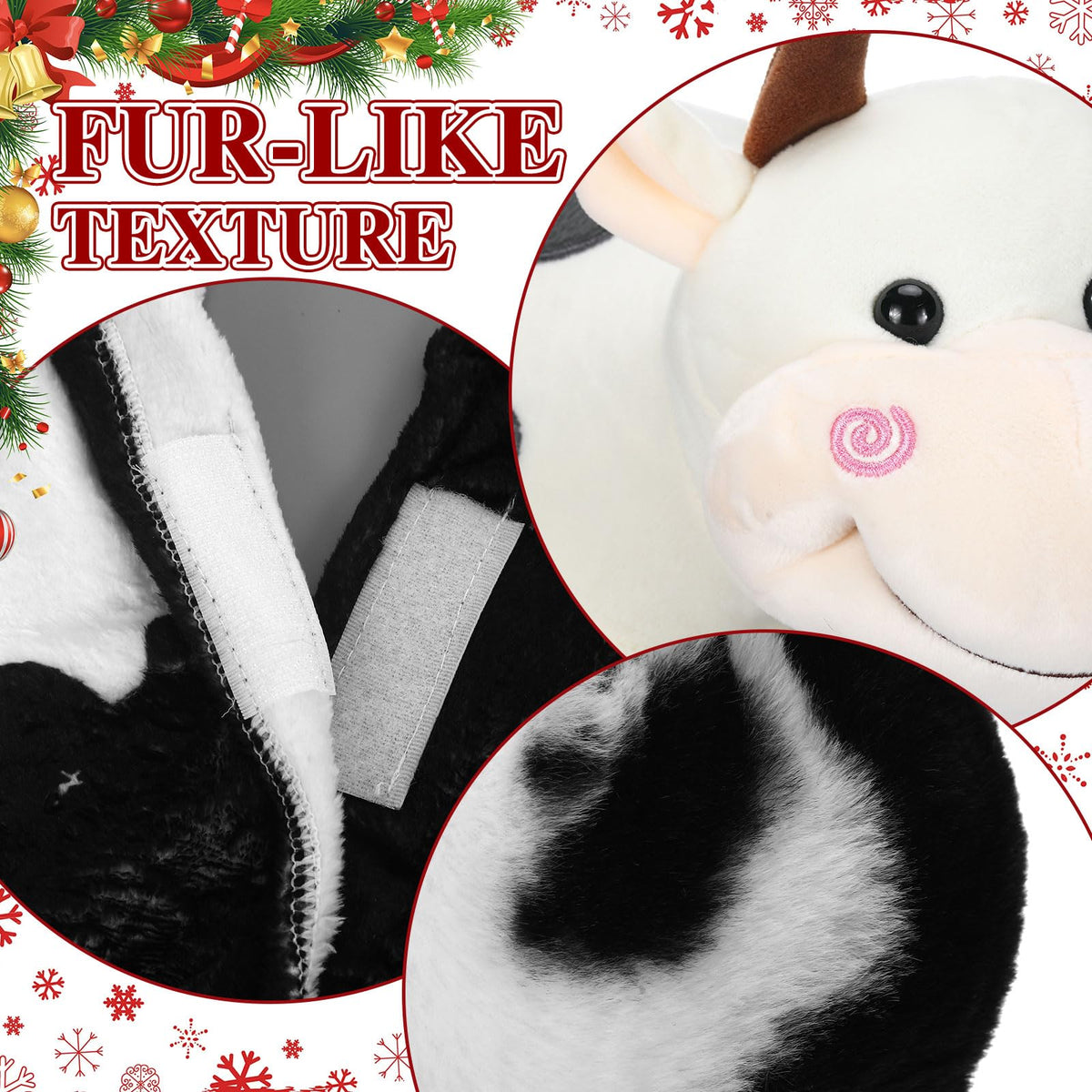 Leitee 12 Pcs Cow Christmas Tree Decoration Set Xmas Western Cowhide Tree Topper Skirt Faux Fur Plush Hanging Artificial Flowers Rustic Christmas Cow Treetop Ornaments for Farmhouse Country Holiday