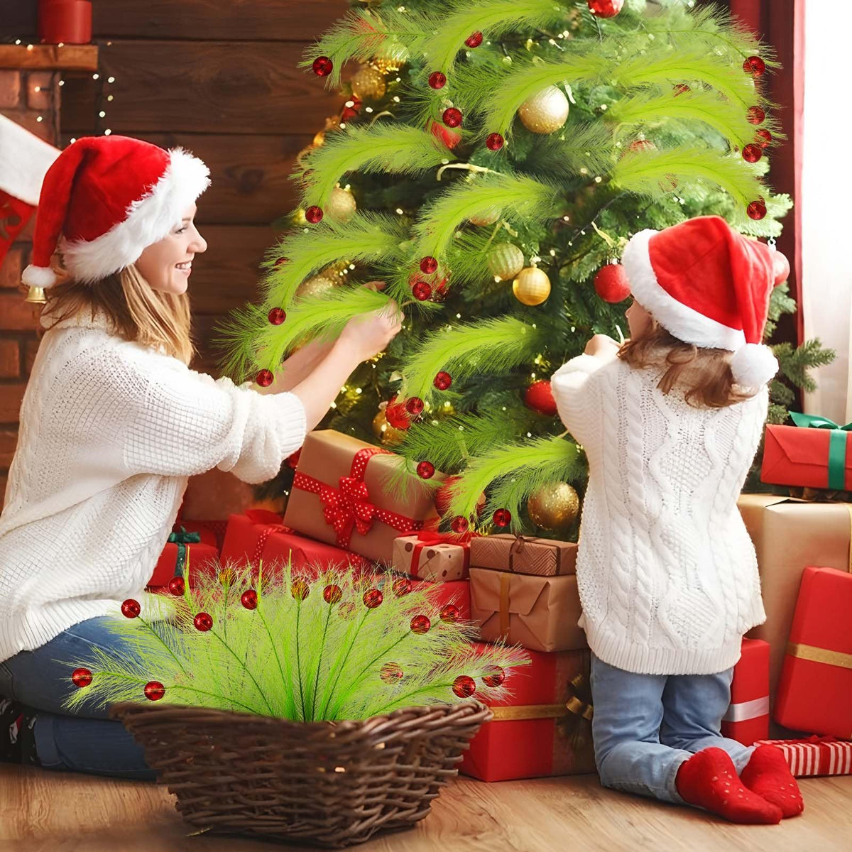 Hananona 30pcs 15" Christmas Picks and Sprays Christmas Tree Filler Green Curly Greenery Stems with Red Ball Xmas Artificial Stems for CraftsTree Decor, Vase Fillers, Home Decorations (30, Green)