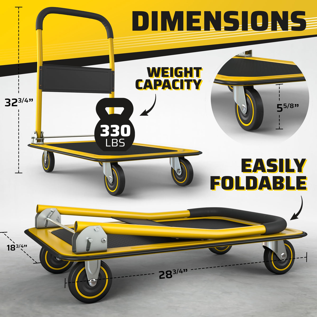 Heavy Duty Foldable Push Cart Dolly | 330 lbs. Capacity | Upgraded Collapsible Hand Truck Folding Platform with Swivel Wheels | Flat Bed Moving Wagon | Space Saving Push Handle (Yellow)