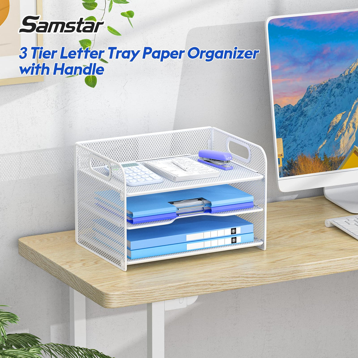 Samstar 3 Tier White Letter Tray Paper Organizer with Handle, Mesh Desk Organizer Paper Sorter File Rack Shelves, White