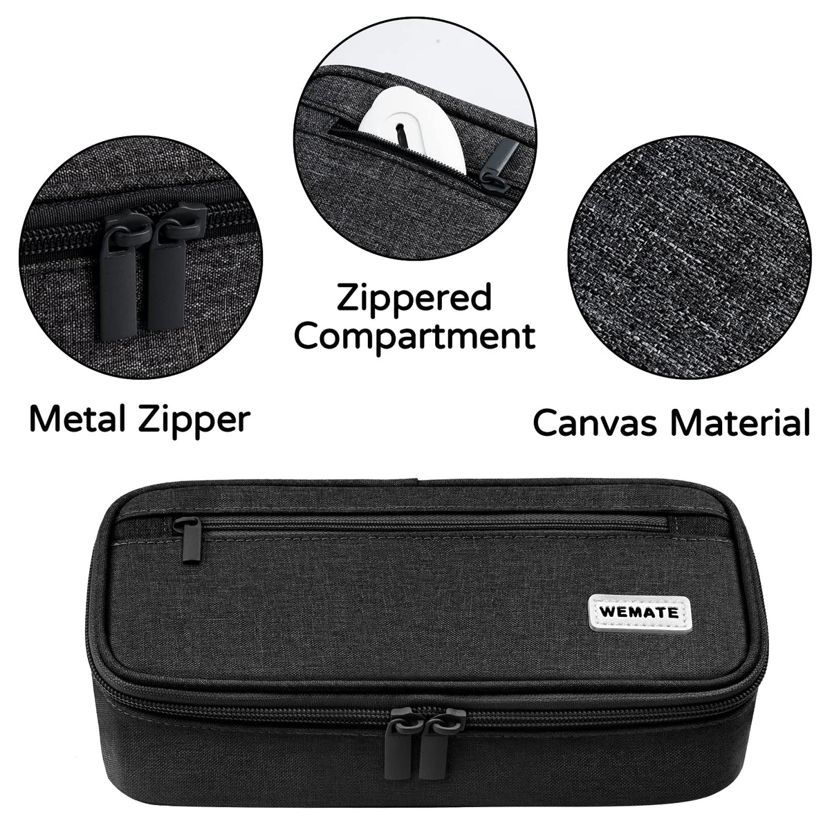 WEMATE Back to School Pencil Case - Large Pencil Pouch with Zipper Organizer for College, High School, Cute Waterproof Pencil Bag, Pencil Box for Teachers Black