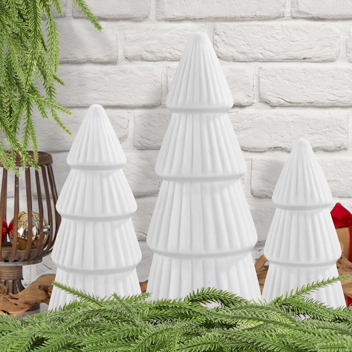 JOICEE 3 Pcs Velvet Ceramic Christmas Trees, Xmas White Modern Velvet Cone Tabletop Trees for Christmas Decorations Indoor Table Mantel Entryway Centerpieces Home Room Decor