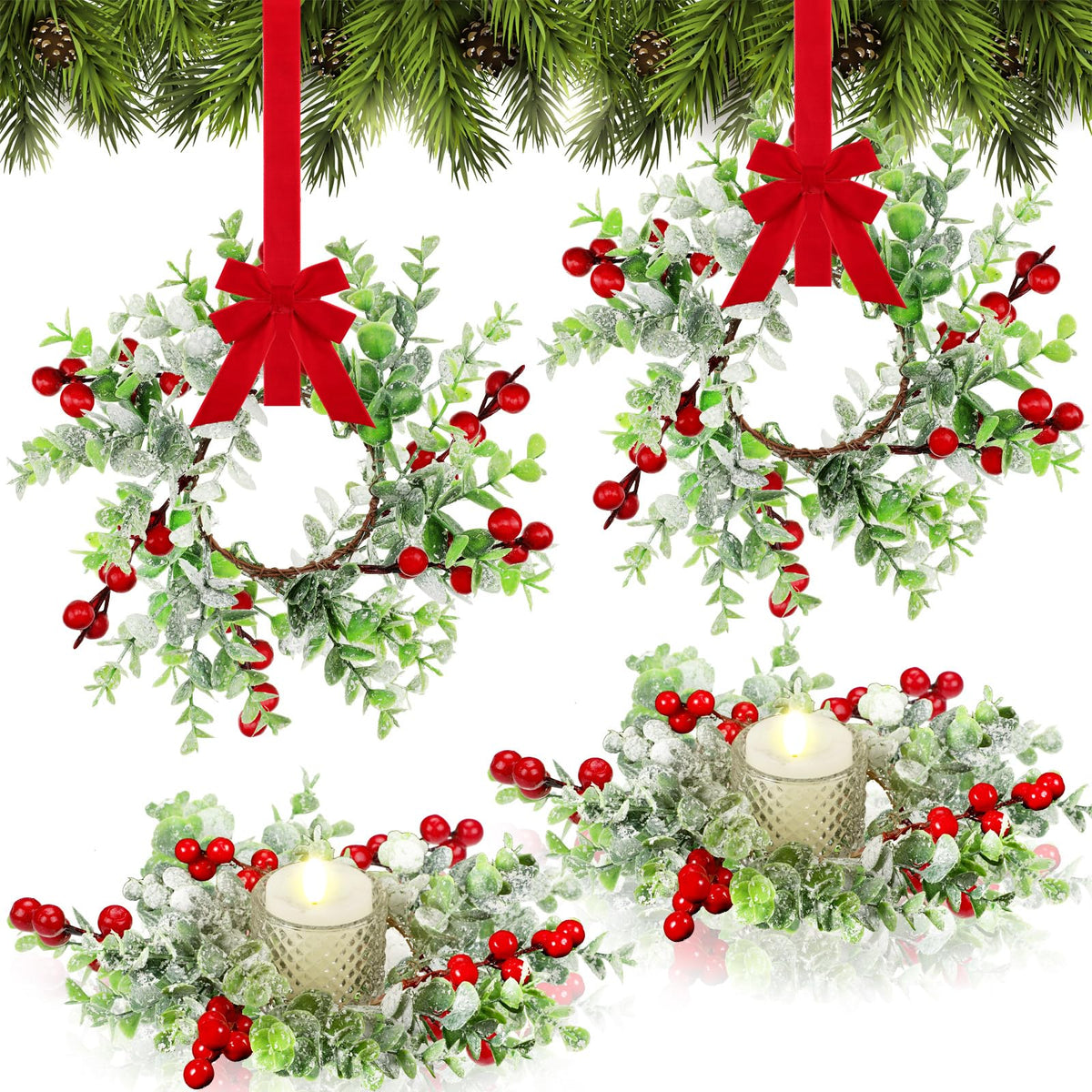 WILLBOND 4 Pieces 9.5" Mini Christmas Wreaths for Kitchen Cabinet Small Christmas Candle Rings Red Berries Wreath Pillar Candle Rings Xmas Hanging Garlands for Front Door Fireplace Window Decor