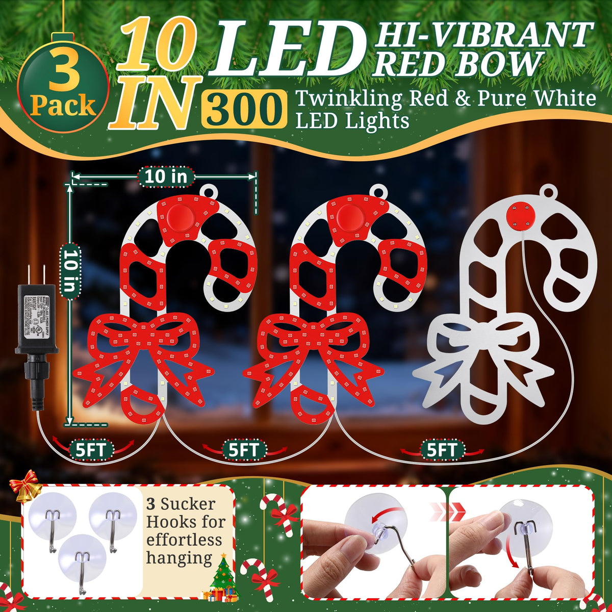 HappyAlley 3 Pack Christmas Window Decorations, 10 in. 300 LED Hi Vibrant Twinkling Lighted Candy Cane Window Light with Bows, Waterproof Outdoor Red and White Candy Cane Decorations for Walls, Porch