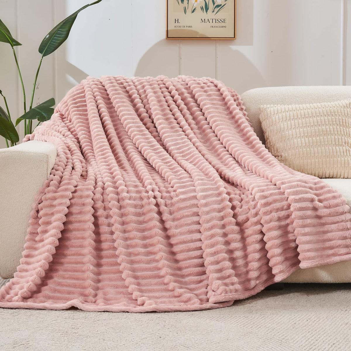 NEWCOSPLAY Super Soft Throw Blanket Pink Premium Silky Flannel Fleece 3D Ribbed Jacquard Lightweight Bed Blanket All Season Use (Pink Ribbed, Throw(50"x60"))