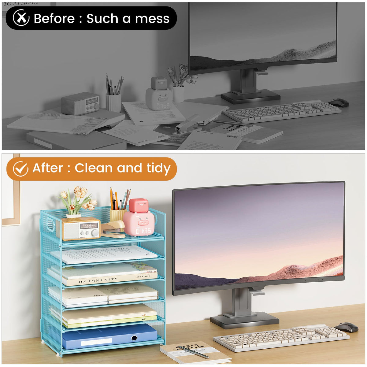 Subekyu 6-Tier Desk Paper Organizer, Desktop File Letter Tray with Handle, Document Sorter and Accessories Holder for Office, Home and School Workspace Organizers, Blue-2 Pack
