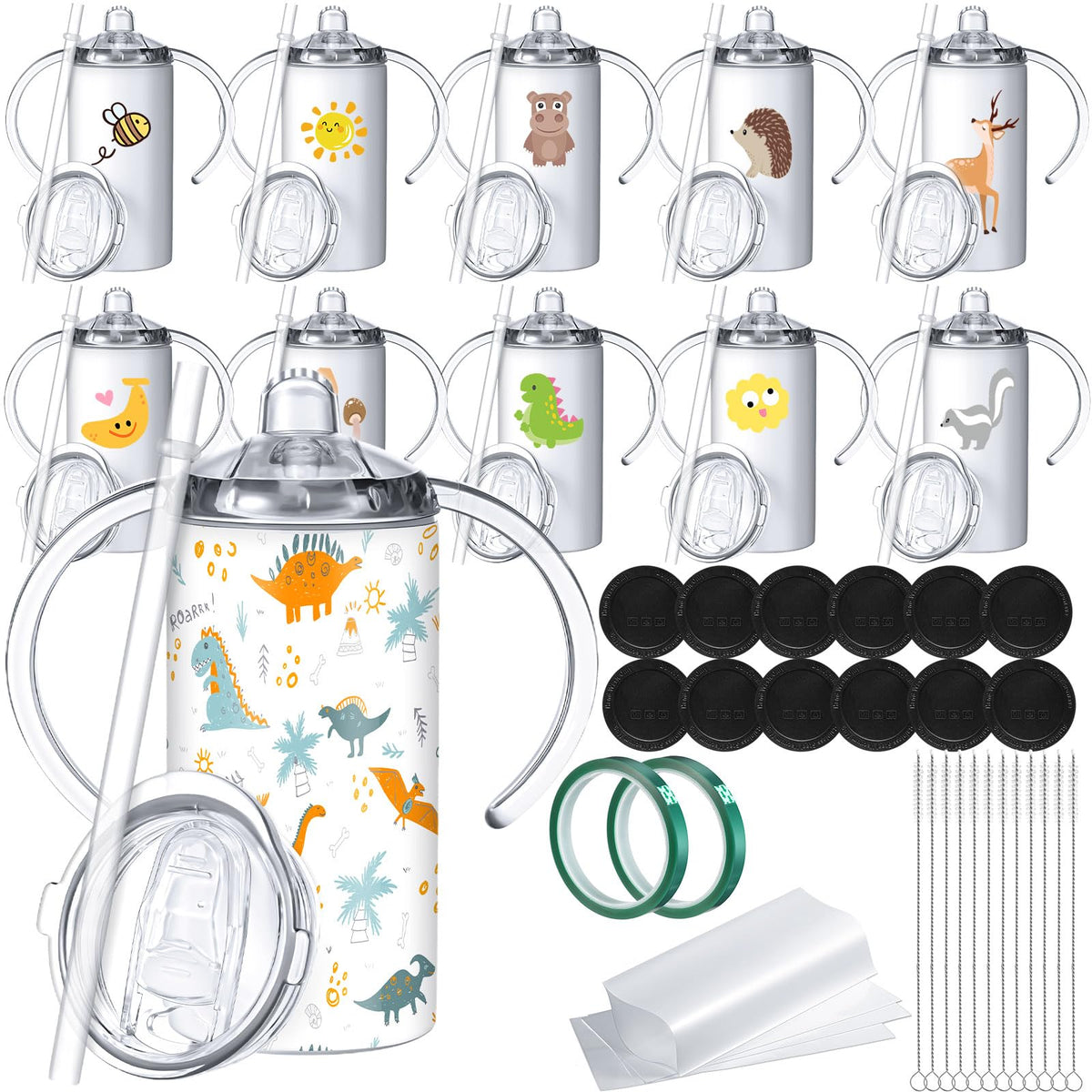 Zubebe 12 Pack 12 oz Sublimation Sippy Cups Blanks 2 in 1 Kids Tumbler with 2 Lids Stainless Steel Toddlers Sublimation Cups Water Bottle with Straws, 2 Heat Tape, 12 Transfer Coating, Coaster, Brush