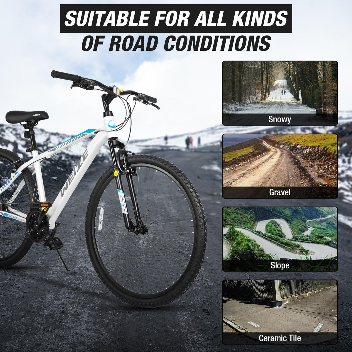 WEIZE Hardtail Mountain Bike, 29 Inch Wheels Outdoor Cycling Bike, 21-Speed Trigger Shifter, Aluminum Frame for Women and Men, Comfort Saddle, MTB Bicycle with Suspension Fork, White