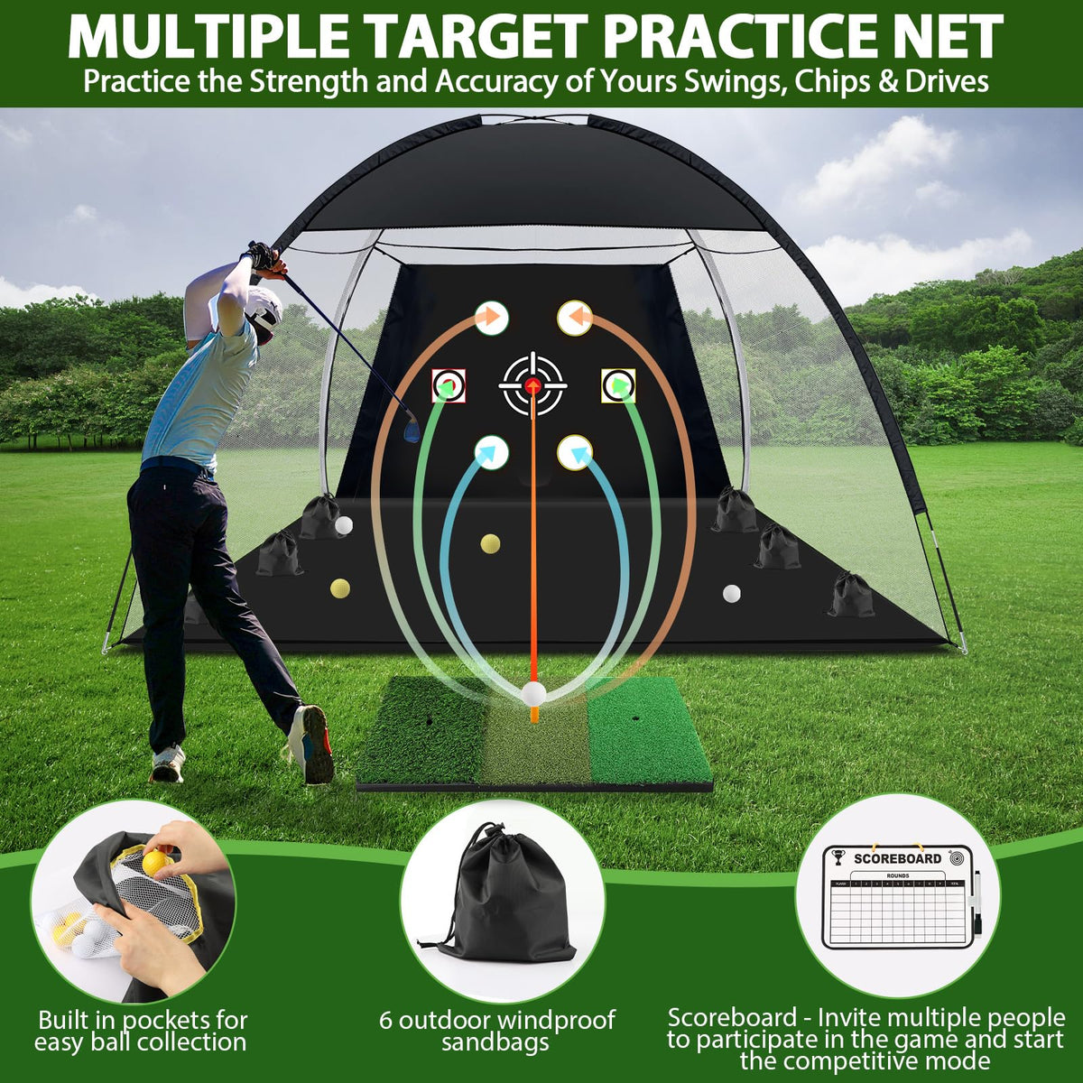 Golf Net, 10x7 Ft Practice Hitting Golf Net with Tri-Turf Mat, Ball, Tee, and Carring Bag, All-in-One Multi-Target Training Aid for Outdoor/Indoor Chipping & Driving, Ideal Gift for Men/Enthusiasts