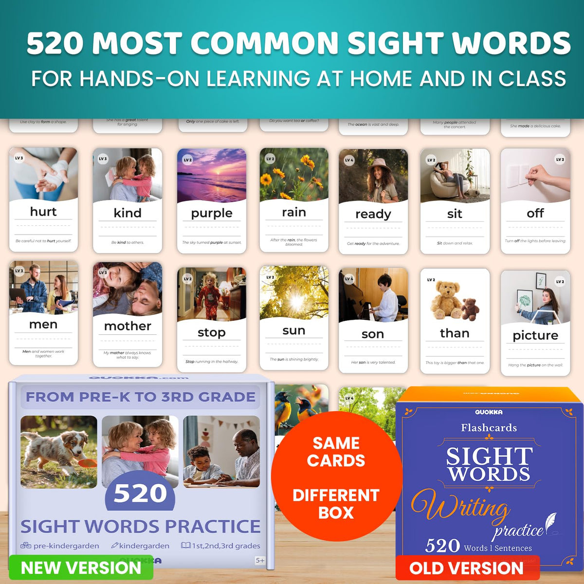 QUOKKA 520 Sight Words Flash Cards for Kids Adults – from Pre-K to 3rd Grade – 5 Levels & Bold Font & Jumbo Size & Dry Erase Cards with Realistic Images & Rings – Based on Dolch & Fry Word Lists