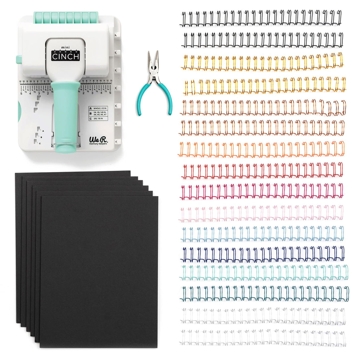 We R Memory Keepers Mini Cinch Bundle Includes Book Binding Machine, 16 Wires, Wire Cutters, and Six Black Bookboards, Easy to Use Design, Ruler, Wire or Spiral Coils, DIY Books, Notebooks, Calendars
