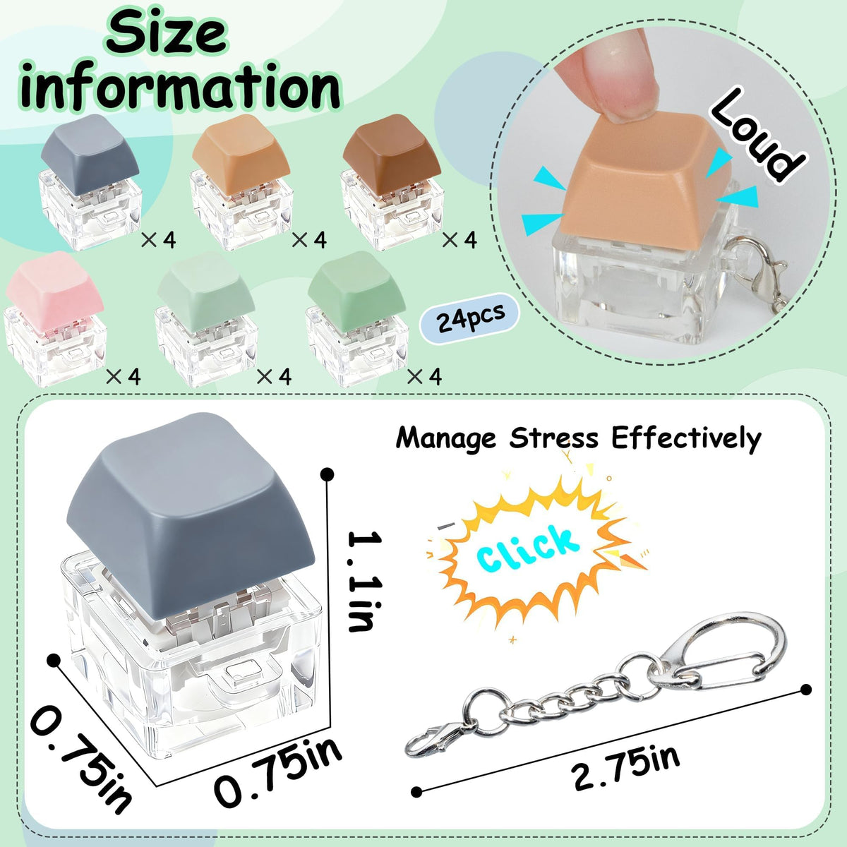 24 Pcs Morandi Keyboard Fidget Toy for Adult Kids Stress Relief, Fidget Keychain Keyboard Decompression Button Finger Clicker Toys, Button Stress Relief Fidget Gifts Birthday Party Favors Goodie Bag