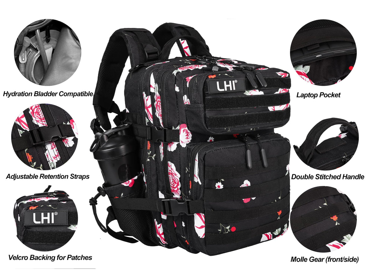 LHI Tactical Military Backpack for Men and Women 25L Army Assault Pack Bag Large Rucksack with Molle System-Flower