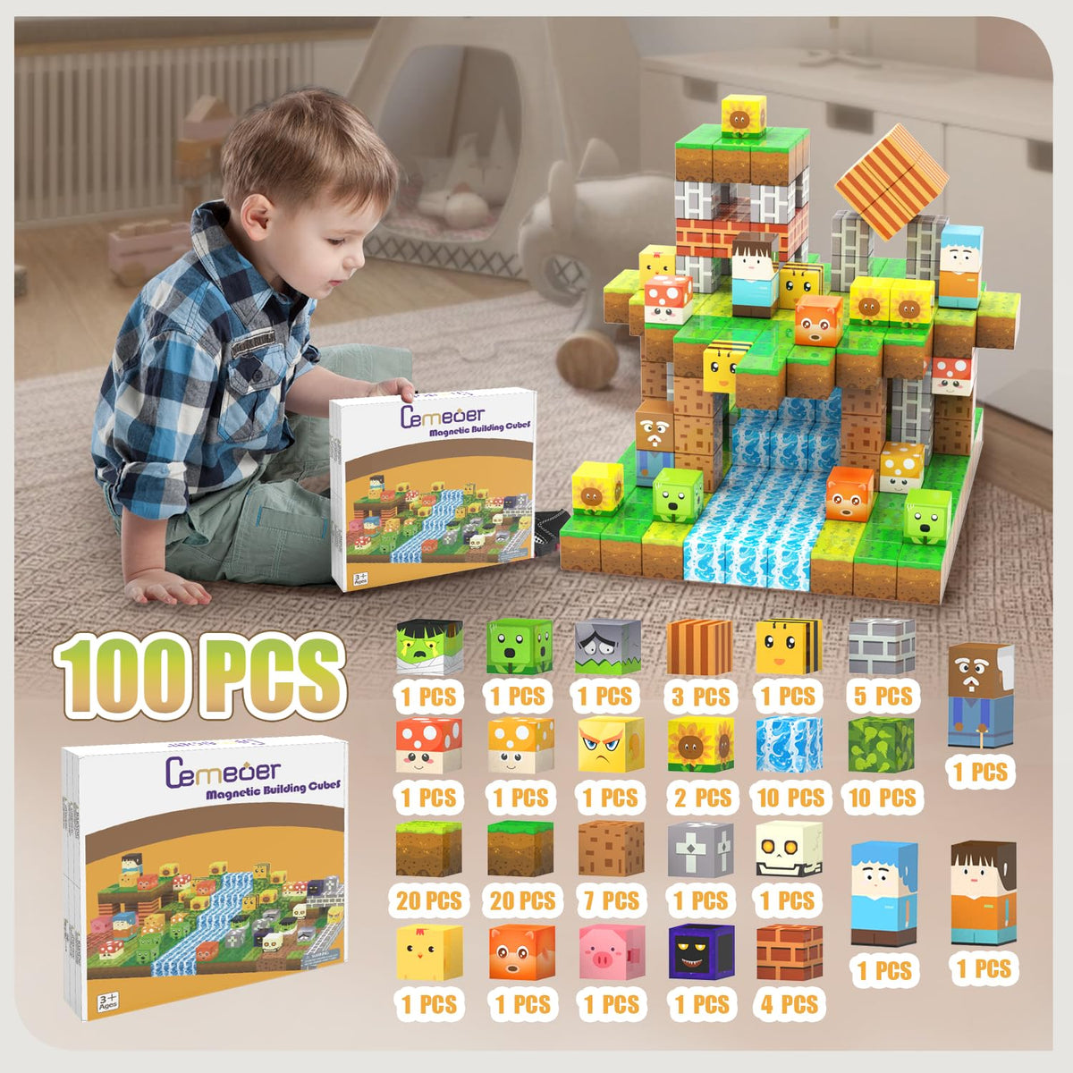 CEMECER Magnetic Blocks, 100PCS 1in Zombie Magnetic Building Blocks Toy for Kids Build Cubes, Stacking Magnetic Tiles, Sensory Montessori Construction Game Toys, Boys Girls Christmas Birthday Gifts.