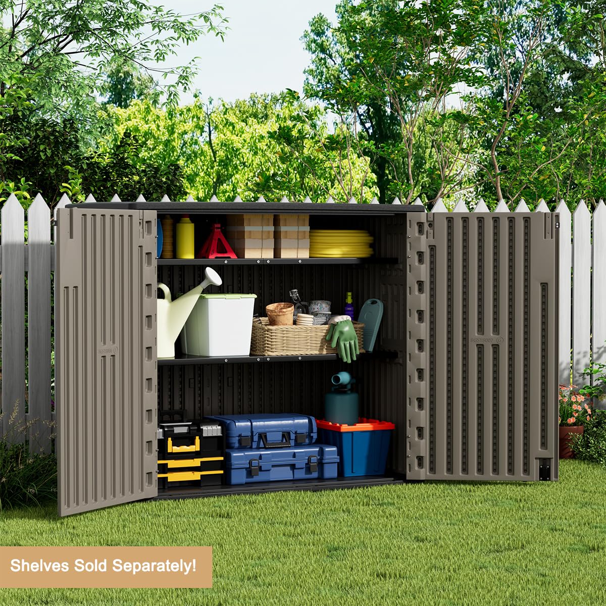 KINYING Outdoor Horizontal Storage Sheds,Outdoor Storage Cabinet Waterproof Resin Tool Storage Box for Lawn Mower,Garden Tools and Patio Furniture, Lockable (Brown)