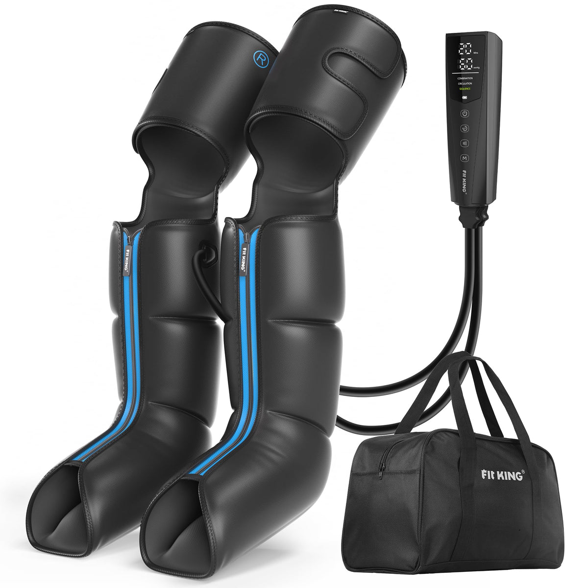 FIT KING Rechargeable Leg and Foot Massager - Cordless Air Compression Full Leg Boots Massager for Circulation and Recovery - Pressure Sensor & LCD Display - 3 Modes 10 Intensities 5 Timer Functions