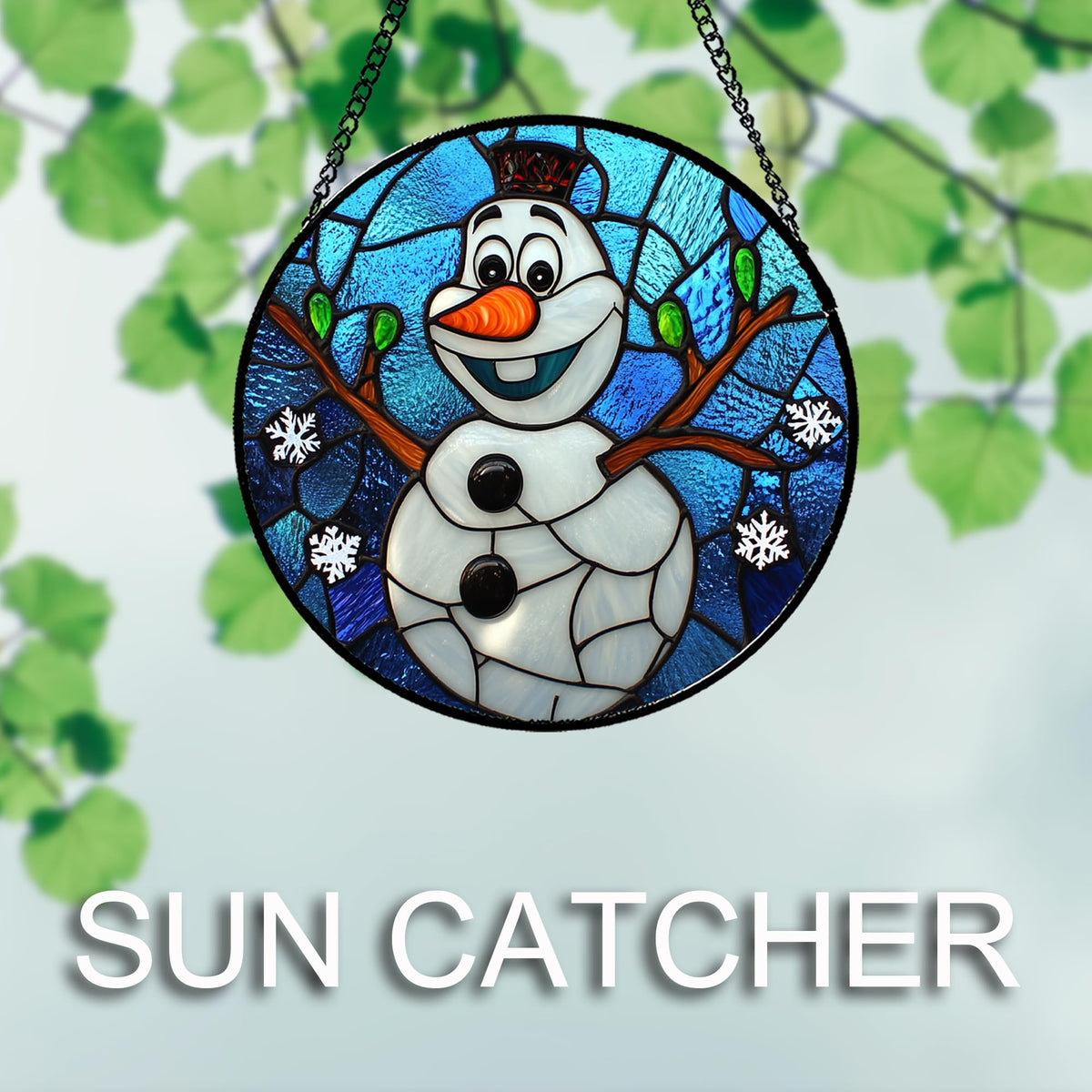 JOSUMALY Stained Glass Window Hanging Christmas Funny Snowman 15" - Suncatcher Door Garden Blue White Snowflakes Sun Catcher New Year Birthday for Friend Mom Men Woman Nana