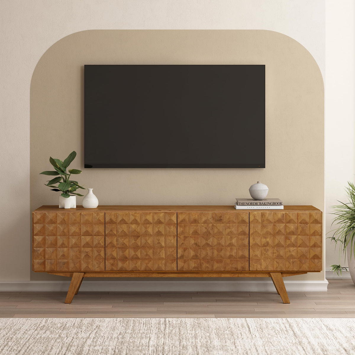NTC Sapa Mid-Century Modern Solid Wood TV Stand 4-Door Media Console with Carved Geometric Fronts for TVs up to 75", Effortless Assembly, Teak Look
