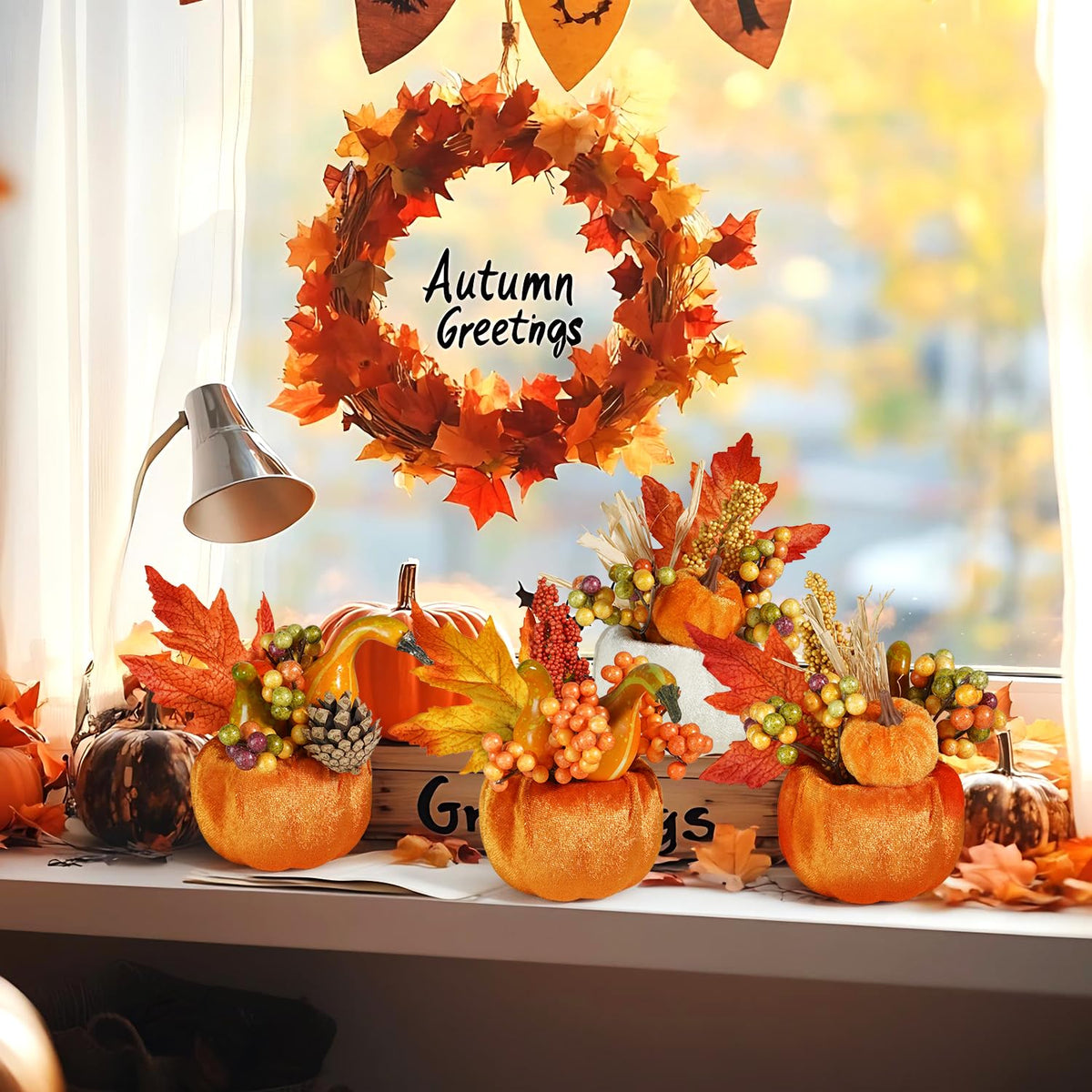 Artmag Set of 6 Artificial Pumpkins Decorations, Decorative Fabric Orange Pumpkin with Maple Berry Acorn Pine Cone Vegetables for Fall Thanksgiving Harvest Party Home Tabletop