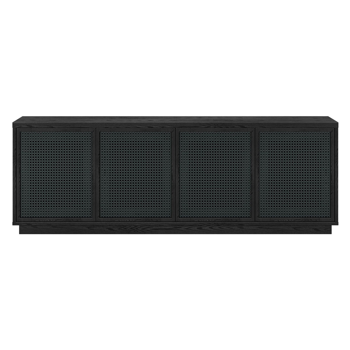 Henn&Hart TV Stand for TVs up to 78" with 2 Concealed Storage Cabinets, Rattan Insert Detailing, and Adjustable Shelves for Living Room, Family Room, or Office, Natural Black