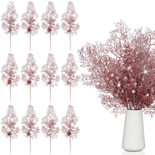 Tigeen 12 Pcs Christmas Tree Picks Bulk Artificial Christmas Tree Filler Glitter Berries Stems Branches Floral Decorations 15.75'' Xmas Sprays Twigs Berry Picks for Vase (Rose Gold)
