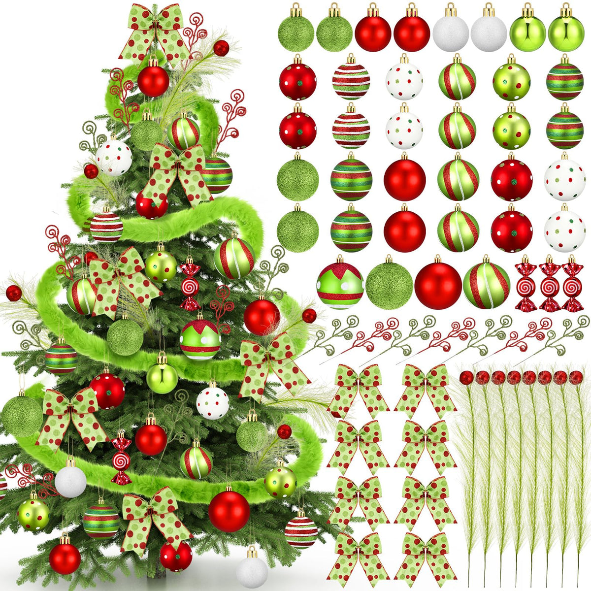 Leitee 109 Pcs Christmas Tree Decorations Lime Green Red Peppermint Candy Ball Ornaments Elf Christmas Tree Picks Swirl Glitter Xmas Stems Polka Dots Bow Home Faux Fur Ribbon for Holiday Party Decor