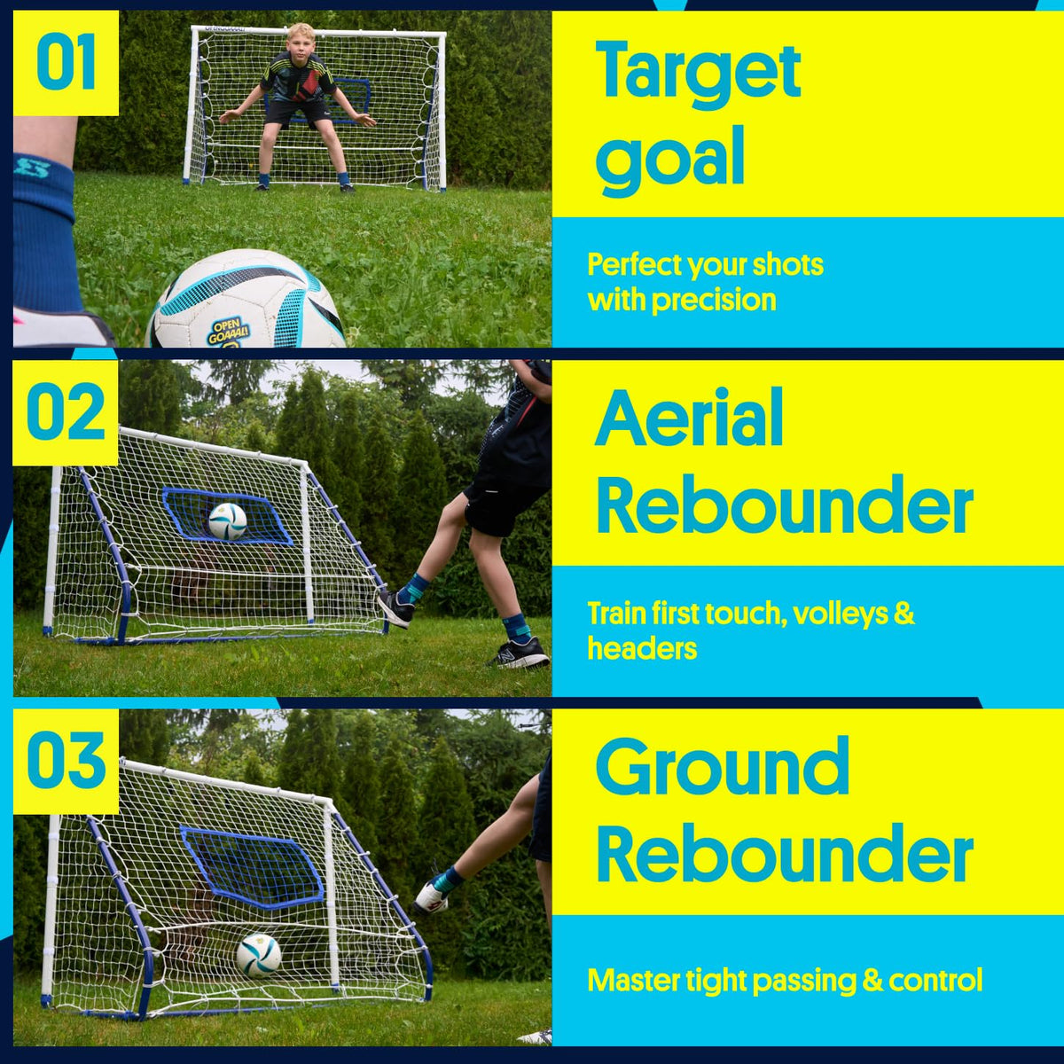 Open Goaaal 3-in-1 Soccer Rebounder Goal - 4 ft x 6 ft - Adjustable Angle Modes for Shooting Drills - Ground-Pass Setup for Passing Practice - High-Angle Rebound Net for Ball Control