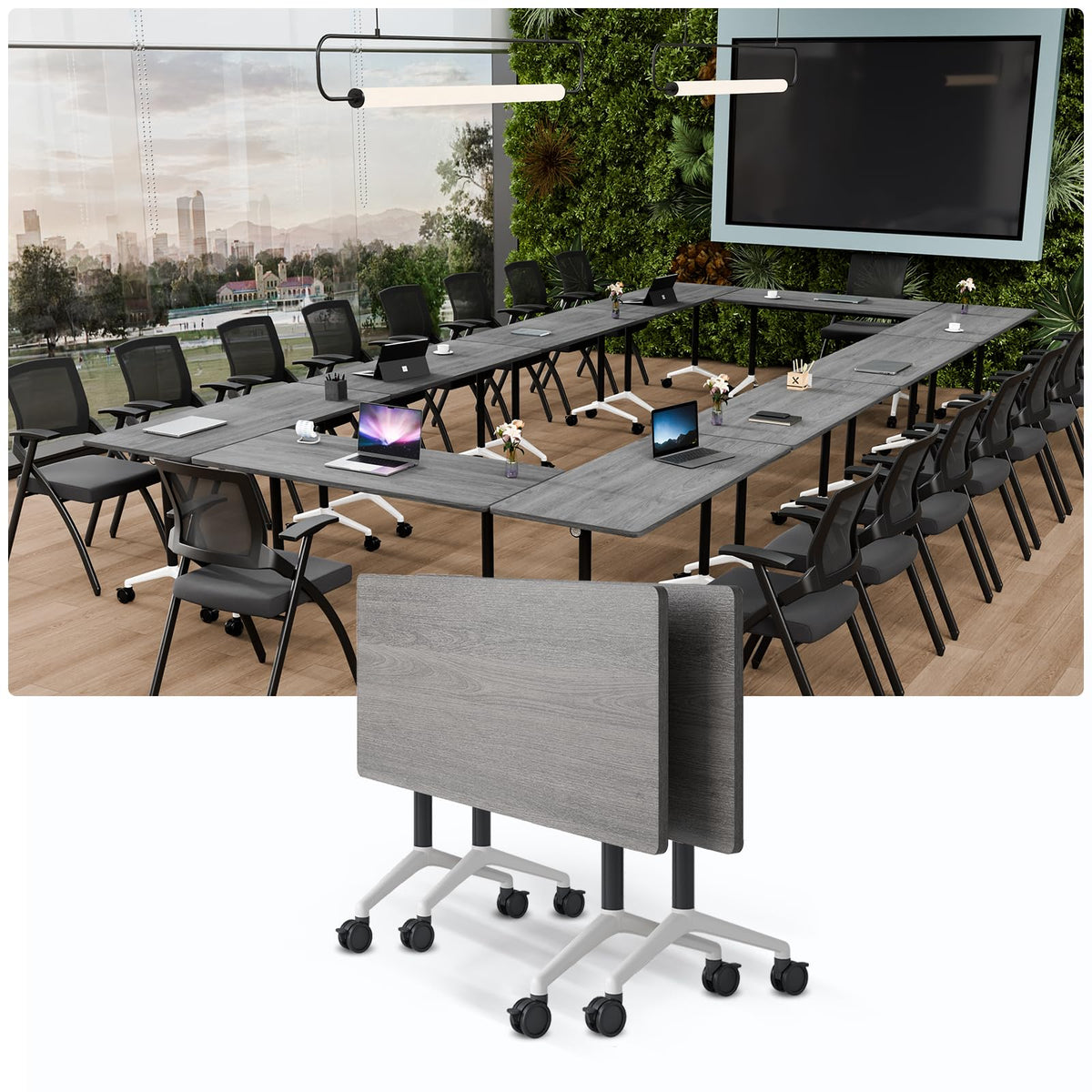 JNMDLAKO Modular Folding Conference Table with Locking Wheels, 8 Pack Flip Top Mobile Training Table, Modern Meeting Seminar Tables for Office, Hotel Conference Room(8,Grey,71" L x 23" W x 29" H)