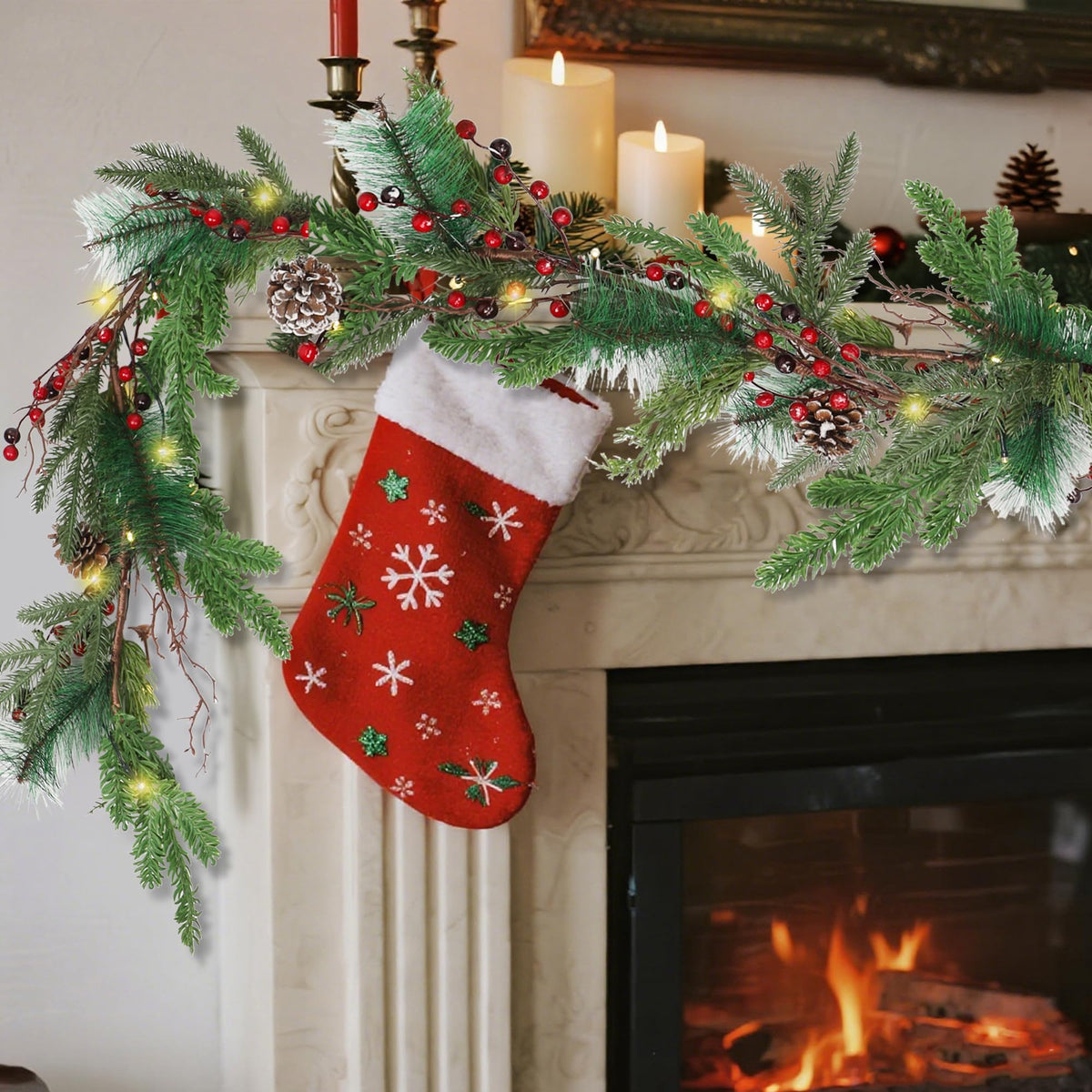winemana 6 FT Pre-lit Artificial Christmas Garland with 20 LED Lights, Battery Powered with Pine Cones, Red Berries, Pine Needles, Lighted Christmas Garlands for Fireplace Mantle Holiday Decorations