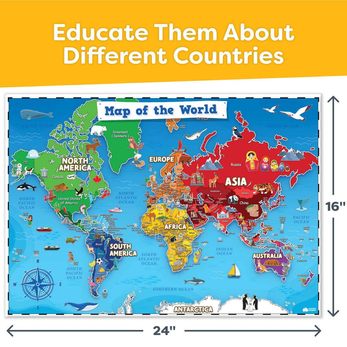 Momo & Nashi United States Map For Kids & World Maps For Kids 2pc Set - 24” x 16” Waterproof Classroom Posters - Childs World Map - Teacher Classroom Must Haves - Homeschool Teacher School Supplies