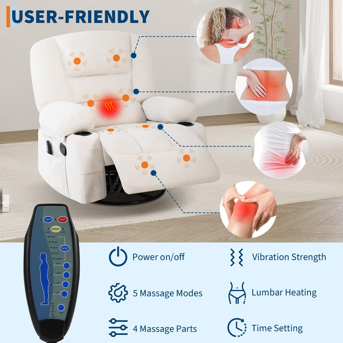 GarveeHome Oversized Wide Recliner Chair-Heat and Vibration Massage, 360° Swivel Rocker Chair for Adults,Chenille Fabric Manual Recliner with Cup Holders & Side Pocket for Living Room, Bedroom,White