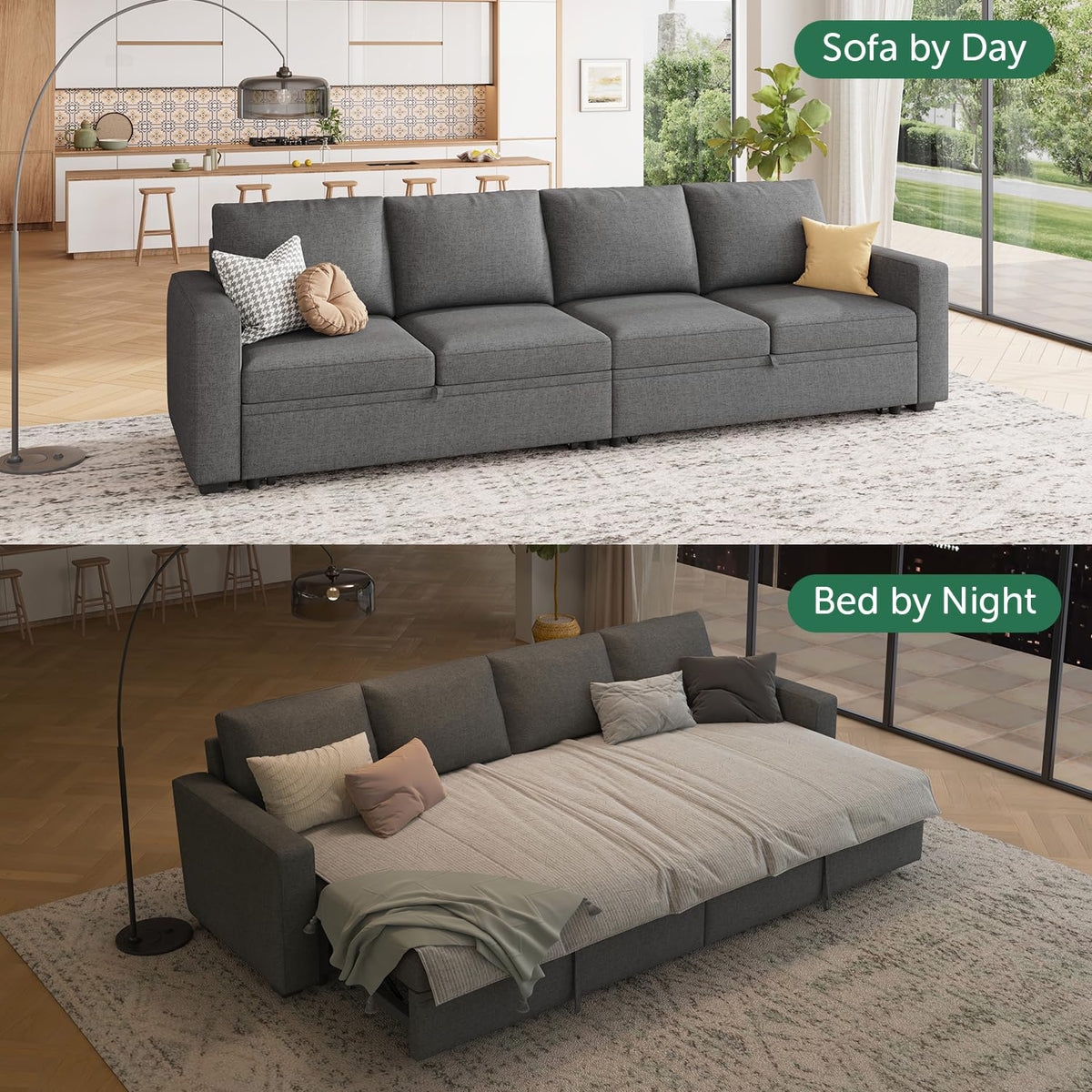 HONBAY Modular Sectional Sleeper Sofa Bed, with Pull Out Bed, Linen Convertible Sectional Couches for Living Room - Dark Grey