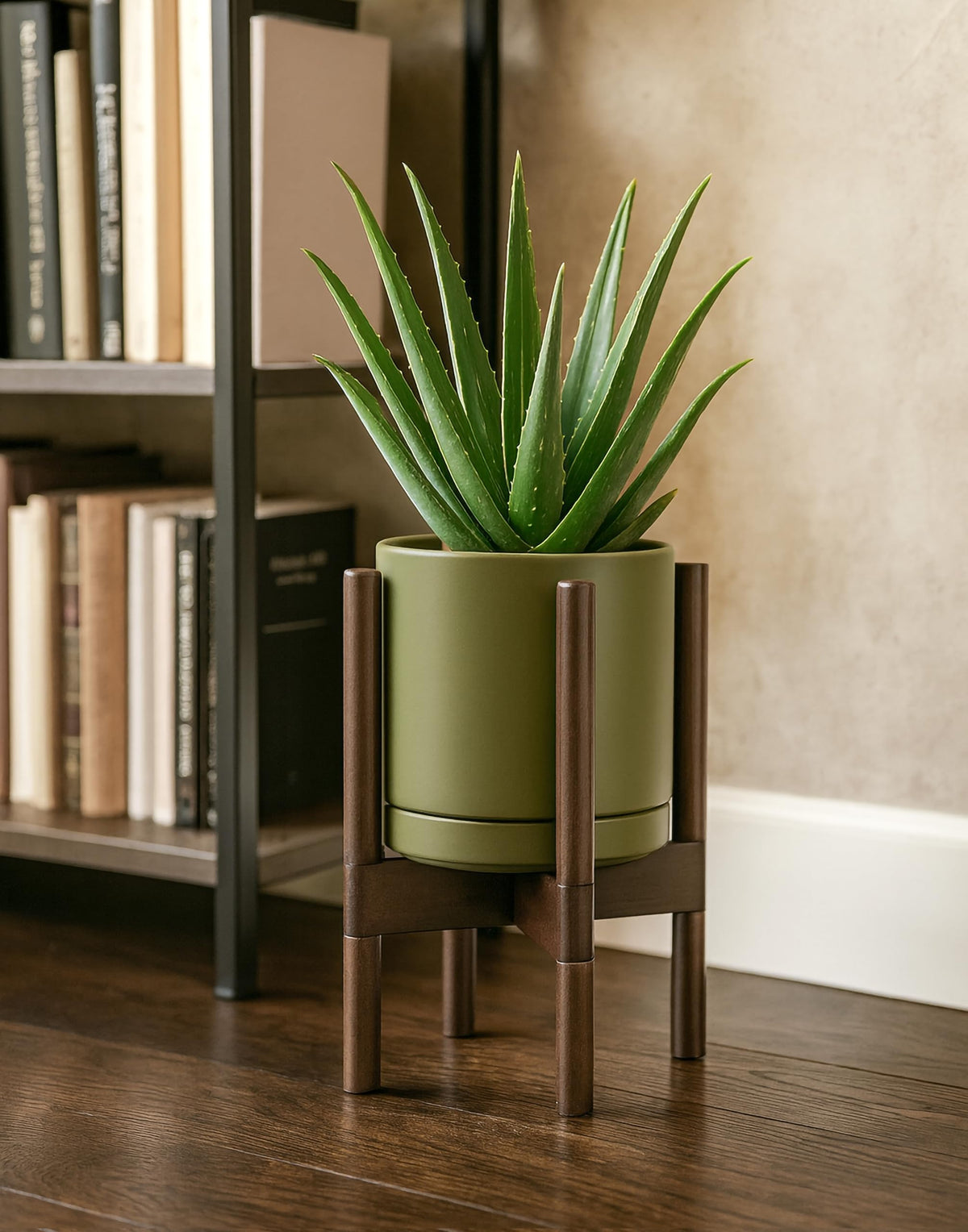 D'vine Dev Ceramic Planter with Walnut Color Stand - 8 Inch Modern Round Flower Pot with Wood Planter Holder, Olive, 55-B-Y-J
