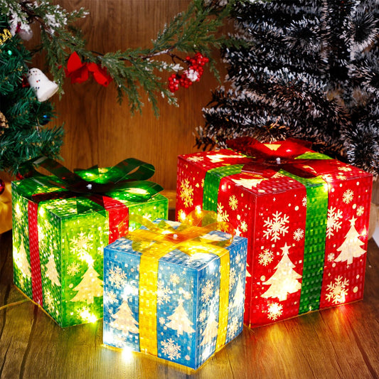 GUOOU Set of 3 Lighted Gift Boxes Christmas Decorations, 60 LED Lighted Snowflake Christmas Tree Present Boxes, Christmas Home Gift Box Decorations
