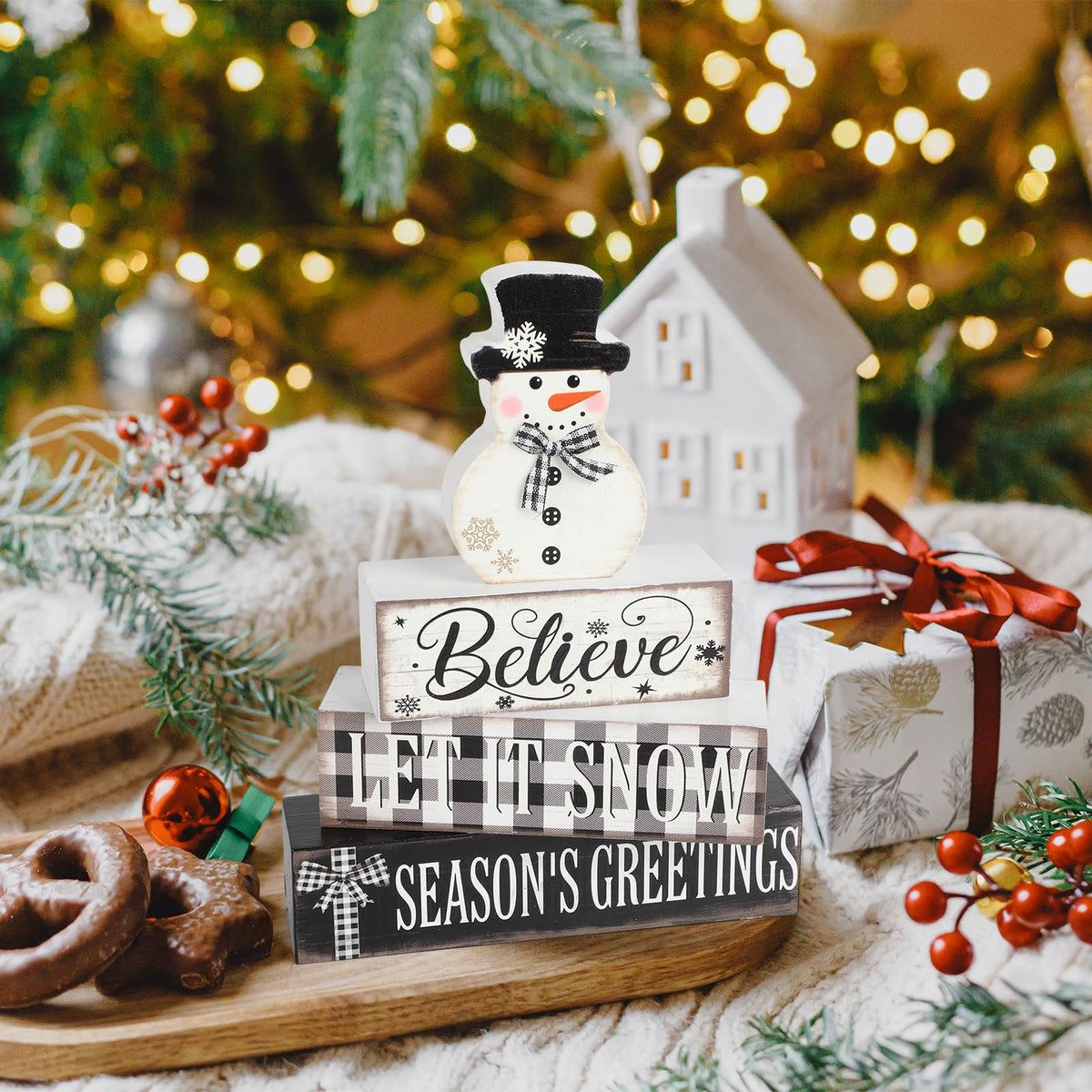 4 Pcs Christmas Decorations Indoor Wooden Snowman Table Sign Decor Table Centerpieces Xmas Merry Christmas Tabletop Block for Holiday Office Desk Tiered Tray Party Shelf Decor Double-sided Pattern