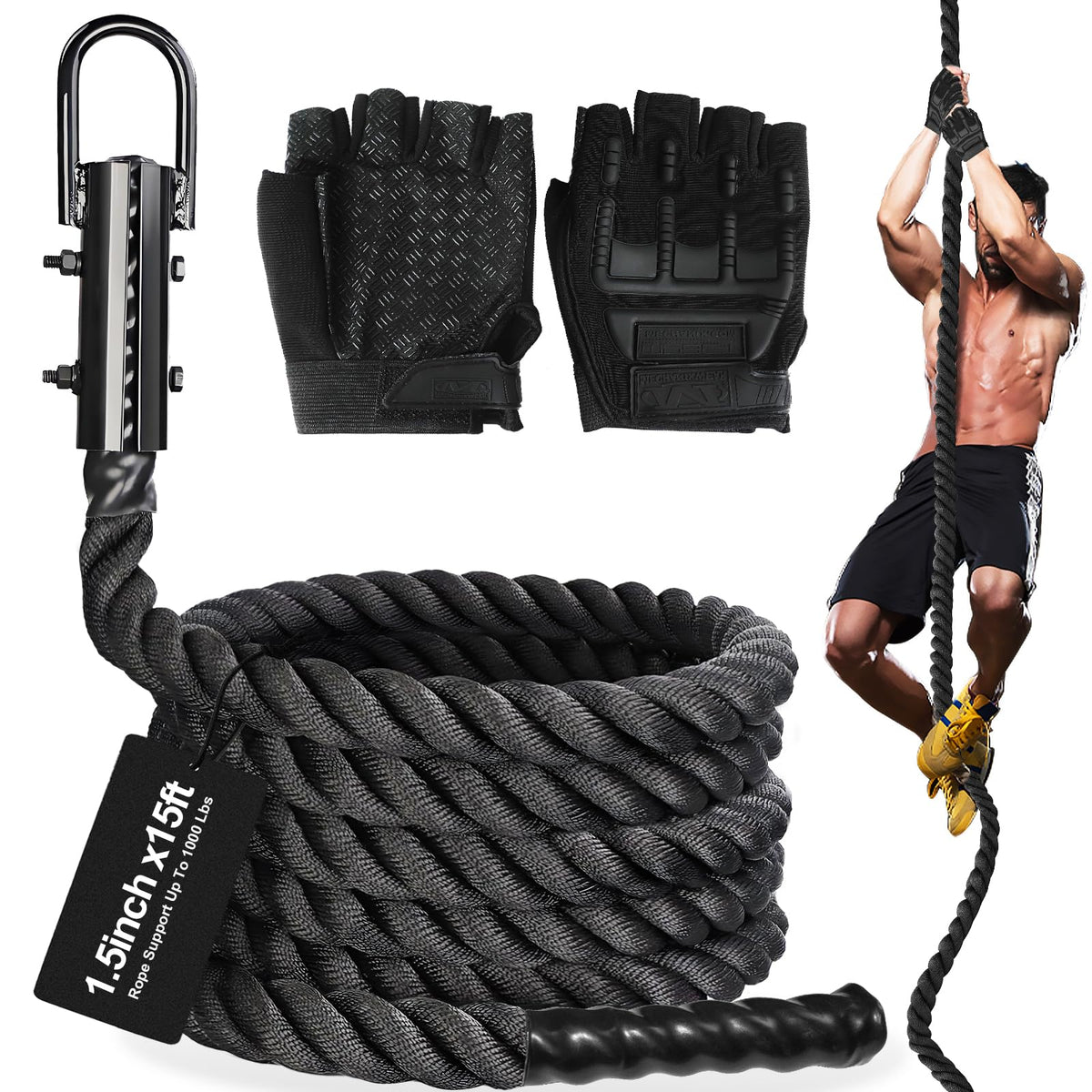 Climbing Rope Climbing Rope 1.5 Inch Diameter 15Feet Length Gym Climbing Rope for Workout Fitness & Strength Training, Gym Rope, Exercise Climbing Rope in Black for Adults or Kids Outdoor & Indoor