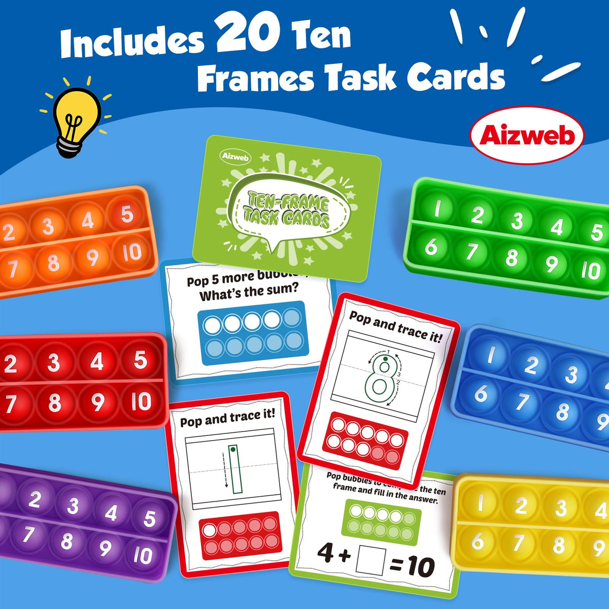 Aizweb Ten-Frame Math Manipulative for Elementary,Counting Number Math Games, Montessori Educational Toy for Kindergarten Classroom Kids 3 4 5 Year Old (Upgraded Version for 20 Task Cards)