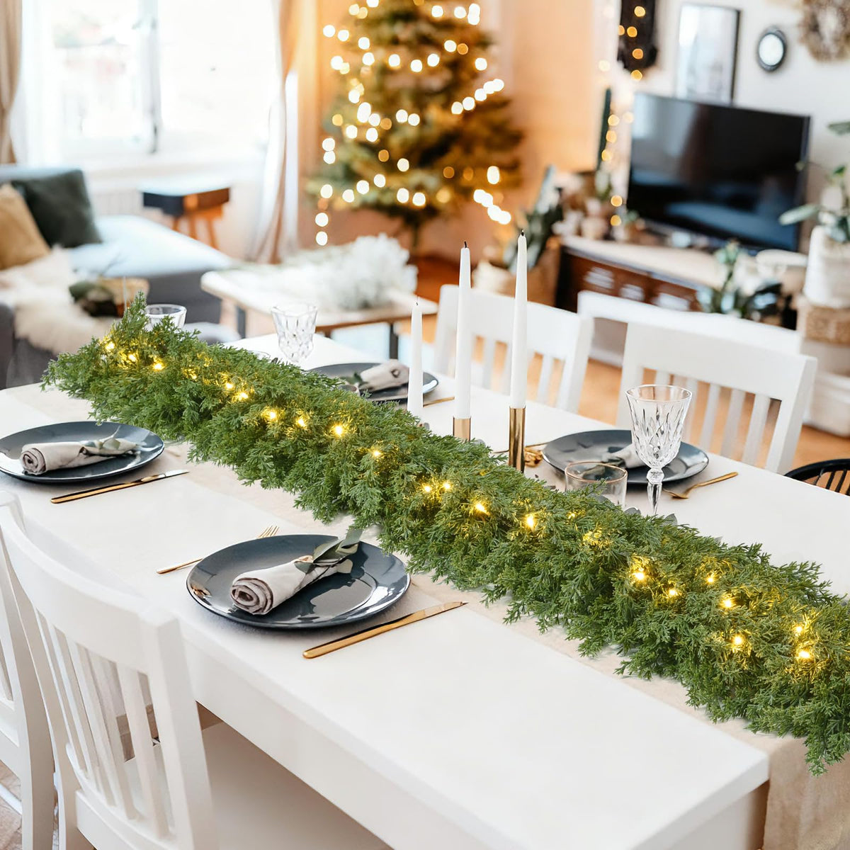 Lvydec Lighted Christmas Pine Garland Decoration, 9ft Realistic Cedar Cypress Garlands Christmas Greenery Garland with Lights for Holiday Mantel Fireplace Table Centerpiece (9ft)