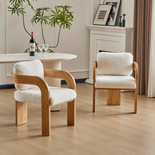 Christopher Knight Home Yorick Modern Boucle Dining Chair Set of 2 with Cushion, Solid Wood Dining Room Armchair Set, Curved Backrest Kitchen Side Chair, Living Room Comfy Extra Seat, Natural+White
